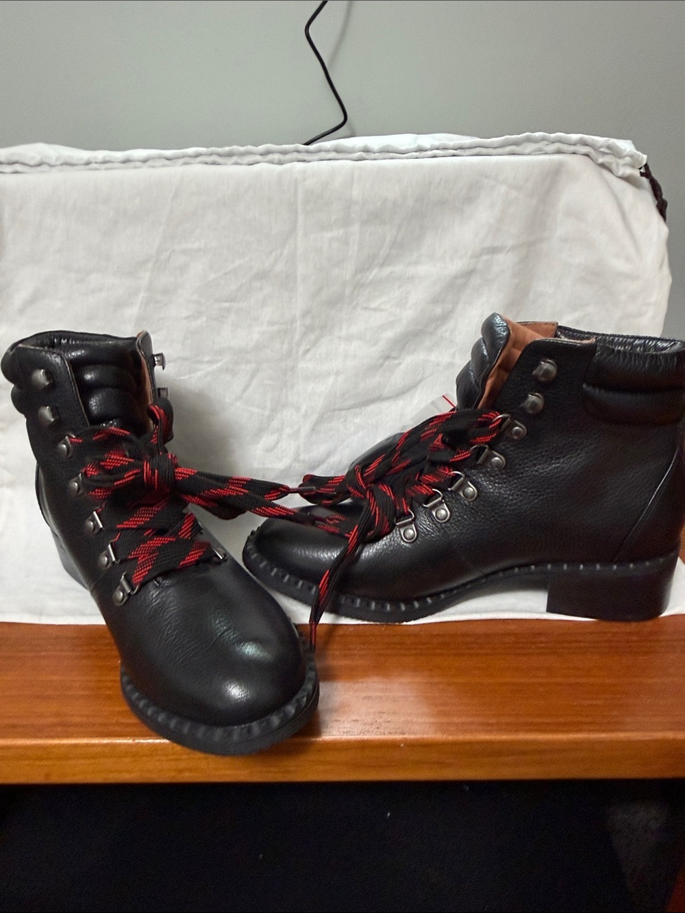 gentle souls Black Leather Lace-Up Boots with Red Accent Laces